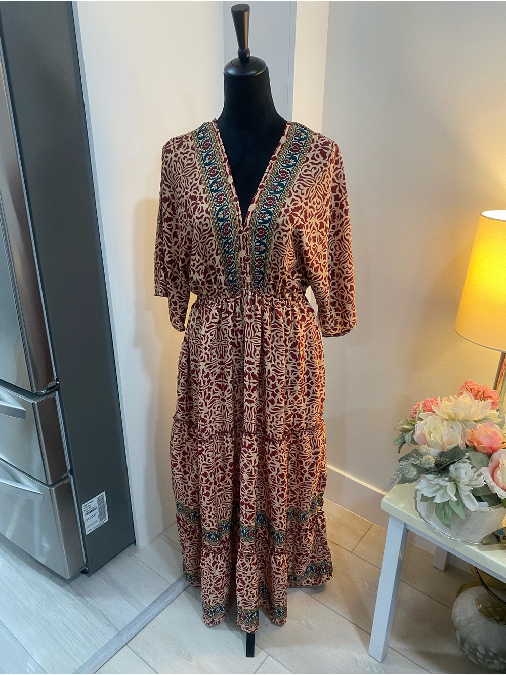 Step In Style Bohemian V-Neck Tiered Maxi Dress in Red and Cream